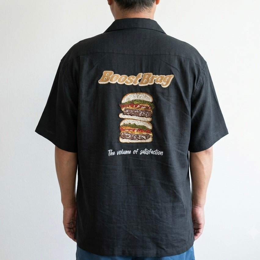 麻ライク刺繍シャツ / バーガー 半袖 POWER TO THE PEOPLE(ユニセックス)
