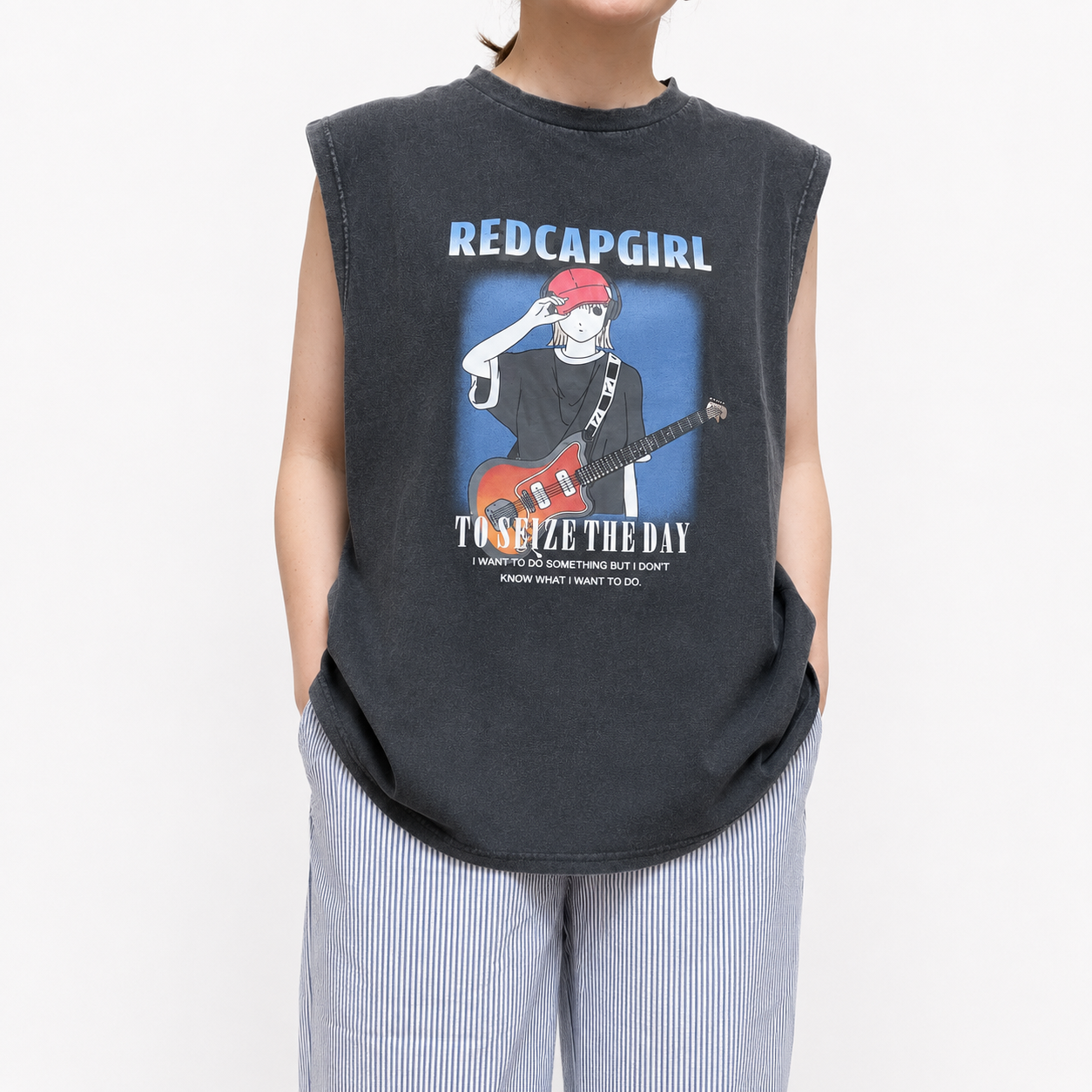 【2026夏物新作】RED CAP GIRL スノーウォッシュ加工 ノースリーブ（ギター柄）