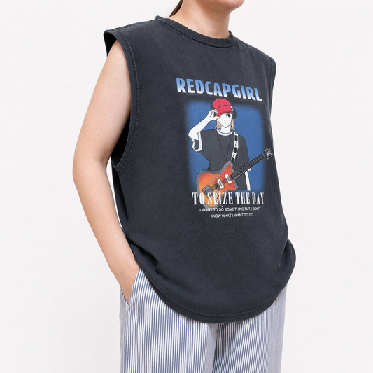 【2026夏物新作】RED CAP GIRL スノーウォッシュ加工 ノースリーブ（ギター柄）