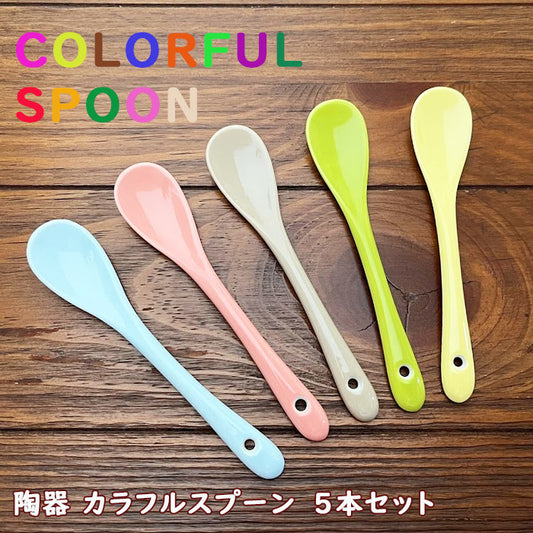 【美濃焼】カラフルスプーン　5色組　日本製　陶磁器　ティースプーン　デザートスプーン　アイスクリーム　カトラリーセット　　レンジ可